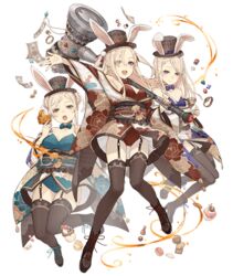  3girls animal_ears banknote blonde_hair blue_eyes blue_little_pig_(sinoalice) boots bow bowtie cake chinese_zodiac detached_collar eyes_visible_through_hair fake_animal_ears food full_body garter_straps gem green_little_pig_(sinoalice) hammer hat holding holding_hammer ji_no leotard looking_at_viewer money multiple_girls nontraditional_playboy_bunny official_art playboy_bunny plump rabbit_ears red_little_pig_(sinoalice) siblings sinoalice sisters skinny strapless strapless_leotard teeth thighhighs top_hat transparent_background upper_teeth_only year_of_the_rabbit 