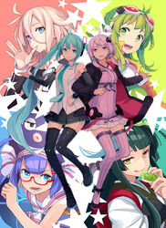  5girls :q \||/ ahoge anklet aqua_background aqua_hair aqua_necktie black_footwear black_hoodie black_shirt black_skirt blonde_hair blue_background blue_eyes blue_hair boots check_commentary clenched_hand collared_shirt commentary_request criss-cross_halter detached_sleeves dress eel_hat empire_waist food full_body goggles goggles_on_head green_background green_eyes green_hair green_hairband gumi gumi_(v3_megpoid) hair_ornament hairband hairclip half-closed_eyes halter_dress halterneck hand_up hatsune_miku hatsune_miku_(vocaloid4) headphones highres holding holding_food hood hood_down hoodie ia_(vocaloid) jacket japanese_clothes jewelry kimono light_purple_hair light_smile locked_arms long_hair miniskirt multicolored_background multiple_girls muneate neckerchief necktie open_clothes open_hoodie open_mouth orange_jacket otomachi_una otomachi_una_(talkex) outstretched_arm pink_background pleated_skirt purple_dress purple_eyes purple_thighhighs red_hoodie ribbed_dress ribbed_thighhighs sailor_collar semi-rimless_eyewear shirt shoes short_dress short_hair_with_long_locks shoulder_tattoo side-by-side skirt sleeveless sleeveless_dress sleeveless_shirt smile starry_background talkex tasuki tattoo thigh_boots thighhighs tongue tongue_out toromera touhoku_zunko twintails two-tone_hoodie v-shaped_eyebrows v4x very_long_hair vocaloid voiceroid white_kimono white_neckerchief white_sailor_collar white_shirt yellow_eyes yuzuki_yukari zettai_ryouiki zunda_mochi 