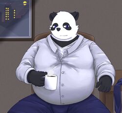  2022 anthro bari_mu bear belly big_belly black_body black_nose bottomwear clothing container cup giant_panda hi_res humanoid_hands inside kemono male mammal mug night overweight overweight_male pants shirt sitting solo topwear white_body 