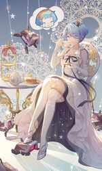  ahoge bare_shoulders black_ribbon blue_hair cake cake_slice chair chinese_commentary closed_mouth collarbone commentary_request crossed_legs crown cup dinergate_(girls&#039;_frontline) dress emurina female food full_body girls&#039;_frontline gloves grey_footwear hair_between_eyes hair_ornament hairband high_heels highres holding holding_cup long_dress looking_at_viewer non-humanoid_robot official_alternate_costume photoshop_(medium) plate purple_eyes ribbon robot sangvis_ferri saucer short_hair sitting sleeveless sleeveless_dress smile speech_bubble star_(symbol) stream table teacup teapot thighhighs thought_bubble white_dress white_gloves white_legwear white_ribbon zas_m21_(girls&#039;_frontline) zas_m21_(white_queen)_(girls&#039;_frontline) 