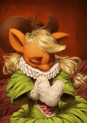  applejack_(mlp) assasinmonkey blonde_hair clothing cowboy_hat digital_media_(artwork) digital_painting_(artwork) dress equid equine female friendship_is_magic hair hasbro hat headgear headwear hi_res horse mammal my_little_pony pony ponytail ruff_(clothing) solo 