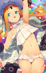  abigail_williams_(fate) abigail_williams_(swimsuit_foreigner)_(fate) abigail_williams_(swimsuit_foreigner)_(third_ascension)_(fate) absurdres arm_up armpits bare_shoulders bikini black_jacket blonde_hair blue_eyes bonnet bow breasts commentary fate/grand_order fate_(series) female forehead hairbow highres innertube jacket keyhole long_hair miniskirt nanao_(aoyamahikari) navel open_mouth parted_bangs shore sidelocks skirt small_breasts solo swim_ring swimsuit tentacle twintails very_long_hair water white_bikini white_bow white_headwear 