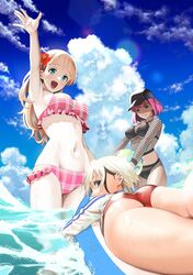  3girls arm_up armpits ass bikini blonde_hair blue_eyes bodysuit breasts chiarashi_mahina fishnet_bodysuit fishnets flower green_eyes hair_between_eyes hair_flower hair_ornament hat highres kurohiji large_breasts long_hair looking_at_viewer multiple_girls nagashii_kouhei navel open_mouth outdoors pink_eyes pink_hair plaid plaid_bikini scary_campus_college_university short_hair suoh_nene swimsuit 