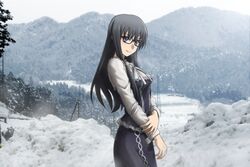  black_hair blush breasts commentary_request dress female genya_(genya67) gretel_jeckeln highres large_breasts long_hair muv-luv muv-luv_alternative schwarzesmarken snow 