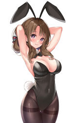  alternate_costume animal_ears armpits arms_up bare_shoulders black_bow black_bowtie black_leotard black_pantyhose blackheartxiii blush bow bowtie braid breasts brown_hair cameltoe cleavage commentary_request covered_navel cowboy_shot detached_collar fake_animal_ears fake_tail female hairbow hands_in_hair highres large_breasts leotard lips long_hair looking_at_viewer mature_female medium_hair oosuki_mamako pantyhose parted_bangs playboy_bunny purple_eyes rabbit_ears rabbit_tail sideboob simple_background smile solo strapless strapless_leotard sweat tail taut_clothes thigh_gap tsuujou_kougeki_ga_zentai_kougeki_de_ni-kai_kougeki_no_okaasan_wa_suki_desu_ka? white_background 