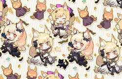  3girls :3 :d ^_^ animal_ear_fluff animal_ears arknights aunt_and_niece baiwei_er_hao_ji black_cloak black_gloves black_shirt blemishine_(arknights) blemishine_(moon_catastrborn)_(arknights) blonde_hair bow chibi cloak closed_eyes crossed_arms dress extra_ears gloves hair_ornament hairbow hairclip headset highres holding holding_instrument horse_ears horse_girl horse_tail implied_extra_ears instrument long_hair looking_at_viewer maracas multiple_girls nearl_(arknights) nearl_the_radiant_knight_(arknights) oerba_yun_fang official_alternate_costume open_mouth ponytail pumpkin_on_head purple_bow scabbard sheath sheathed shirt siblings sidelocks sisters smile tail whislash_(arknights) whislash_(glory_purple)_(arknights) white_dress yellow_eyes 