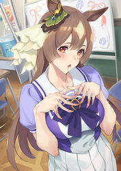  animal_ears blush bow bowtie breasts brown_eyes brown_hair chair classroom ear_ornament earrings embarrassed female fidgeting folding_chair hair_between_eyes highres hoop_earrings horse_ears horse_girl horseshoe_ornament indoors jewelry large_breasts long_hair looking_at_viewer open_mouth pleated_skirt puffy_short_sleeves puffy_sleeves purple_bow purple_bowtie purple_shirt sailor_collar sailor_shirt satono_diamond_(umamusume) school_uniform serafuku shirt short_sleeves skirt solo steepled_fingers sugarbeat summer_uniform tracen_school_uniform umamusume upper_body very_long_hair white_skirt 