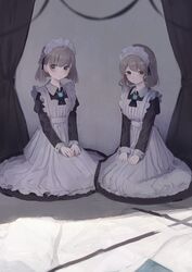  2girls apron bad_id bad_pixiv_id black_dress black_neckwear blush braid brooch brown_hair closed_mouth collared_dress commentary curtains dress frilled_apron frills grey_eyes highres jewelry juliet_sleeves long_sleeves looking_at_viewer maid maid_apron maid_headdress multiple_girls original puffy_sleeves shii_(kairi-t-k0317) short_hair siblings sisters sitting sleeves_past_wrists twins white_apron 