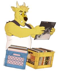  absurd_res anthro borkthunder brown_eyes cervine clothing deer dj_strap fangs fur hi_res horn male male_anthro mammal milk_crate muntjac shirt sleeveless_shirt solo teeth topwear vinyl_record yellow_body yellow_fur 