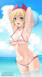  :d armpits arms_behind_head artist_name ball bare_arms bare_shoulders beachball bikini blonde_hair blue_eyes blue_sky blush breasts chinese_commentary cloud collarbone commentary_request day female groin hair_between_eyes highres holding holding_ball horizon irida_(pokemon) large_breasts lenxiao looking_at_viewer navel ocean outdoors pokemon pokemon_legends:_arceus side-tie_bikini_bottom sky smile solo sweat swimsuit wading water watermark web_address white_bikini 