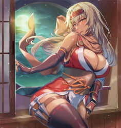  absurdres alternate_costume armpits black_gloves blonde_hair boots breasts brown_cape cape cleavage commission commissioner_upload dark-skinned_female dark_skin dress elbow_gloves english_commentary female fire_emblem fire_emblem:_the_binding_blade fire_emblem_heroes full_moon gloves highres igrene_(fire_emblem) igrene_(ninja)_(fire_emblem) knife large_breasts long_hair looking_at_viewer mixed-language_commentary mole mole_under_eye moon night ninja official_alternate_costume red_dress sajittari short_dress skeb_commission smile solo sword thigh_boots thighhighs thighs weapon yellow_eyes 