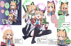  2girls animal_ear_headphones animal_ears black_thighhighs blonde_hair blue_archive blue_necktie bow cat_ears cheek_pinching clenched_teeth collage controller fake_animal_ears game_controller green_bow hairbow halo headphones highres holding holding_controller holding_game_controller korean_commentary korean_text lap_pillow lying midori_(blue_archive) momoi_(blue_archive) multiple_girls necktie pinching playing_games red_bow rodeong_r shirt siblings sidelocks simple_background sisters speech_bubble tears teeth thighhighs twins white_background white_shirt 