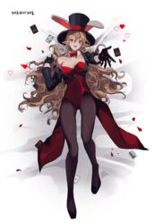  absurdres black_legwear blonde_hair blush breasts card commentary_request dungeon_and_fighter female fortuneteller_rosaura hair_ornament highres kasy korean_commentary lips long_hair magician red_eyes very_long_hair 