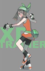  bandana bike_shorts black_socks brown_hair closed_mouth commentary dress eyelashes fanny_pack female full_body gloves green_bag green_bandana grey_background grey_eyes highres holding holding_poke_ball ittumozzz may_(pokemon) orange_dress poke_ball pokemon pokemon_emerald pokemon_rse premier_ball shoes short_dress socks solo standing standing_on_one_leg white_footwear 