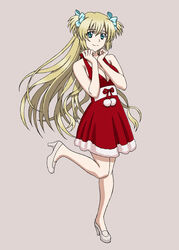  blonde_hair blue_eyes blue_ribbon blush breasts cleavage commentary_request female graphite_(medium) green_eyes hair_ornament harasyu1 highres liz_hohenstein long_hair muv-luv muv-luv_alternative photoshop_(medium) ribbon santa_costume schwarzesmarken shoes traditional_media two_side_up 