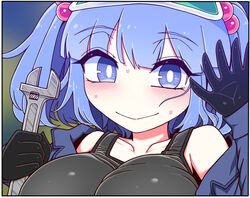  black_gloves black_tank_top blush border breasts bright_pupils closed_mouth commentary_request female gloves holding holding_wrench kawashiro_nitori large_breasts looking_at_viewer off_shoulder portrait purple_hair smile solo sweatdrop tank_top touhou two_side_up waving white_border white_pupils wrench yassy 