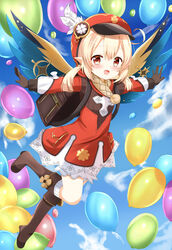  :d ahoge backpack bag balloon bloomers blue_sky boots brown_footwear brown_gloves brown_scarf cabbie_hat cloud cloudy_sky clover_print coat commentary_request female genshin_impact gliding gloves hair_between_eyes hat hat_feather hat_ornament highres klee_(genshin_impact) knee_boots long_hair long_sleeves looking_at_viewer low_twintails open_mouth orange_eyes outstretched_arms platinum_blonde_hair randoseru red_coat scarf sidelocks sky smile solo spread_arms twintails underwear wind_glider wings yoboshi 