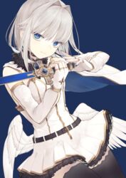  absurdres bare_shoulders black_thighhighs blue_background blue_nails cowboy_shot dress elbow_gloves female fingerless_gloves gloves grey_hair hair_intakes highres looking_at_viewer low_wings original riuichi short_hair simple_background solo thighhighs white_dress wings 