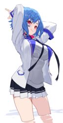  alternate_breast_size arms_behind_head arms_up blue_hair breasts commentary_request dolphin_hair_ornament female hair_ornament hood hoodie izumi_sai jacket large_breasts long_hair looking_at_viewer medium_hair miniskirt mole mole_on_thigh nijisanji nishizono_chigusa nishizono_chigusa_(1st_costume) oerba_yun_fang pleated_skirt red_eyes school_uniform selene_girls_school_uniform sideways_glance simple_background skin_fang skirt solo standing virtual_youtuber wading water white_background 