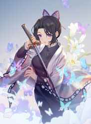  animal_print black_hair black_pants blue_butterfly breasts bug butterfly butterfly_hair_ornament butterfly_print commentary_request cowboy_shot demon_slayer_uniform female flower gradient_background hair_ornament haori highres japanese_clothes katana kimetsu_no_yaiba kochou_shinobu lips littleamber long_sleeves looking_at_viewer medium_breasts pants parted_bangs photoshop_(medium) purple_eyes shirt short_hair solo sword uniform weapon white_butterfly wide_sleeves 