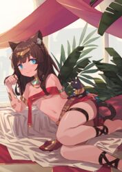  animal_ear_fluff animal_ears anklet armlet barefoot blue_eyes bracelet breasts brown_hair cat_ears cat_tail choker closed_mouth dark-skinned_female dark_skin feline female headpiece jewelry long_hair looking_at_viewer navel original peroncho small_breasts solo tail thigh_strap 