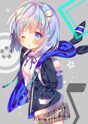  ;o alternate_hair_length alternate_hairstyle animal_ears animal_hood backpack bag black_jacket blue_eyes blue_hair blue_ribbon blush breasts brown_skirt character_hair_ornament clockwork_rabbit collared_shirt commentary_request dress_shirt fake_animal_ears female gochuumon_wa_usagi_desu_ka? grey_background hair_ornament highres hood hood_down hooded_jacket jacket kafuu_chino moeno_uni neck_ribbon one_eye_closed parted_lips plaid plaid_skirt pleated_skirt rabbit_hood ribbon shirt short_hair skirt small_breasts solo star_(symbol) tippy_(gochiusa) white_shirt x_hair_ornament 