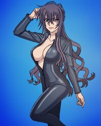  beatrix_bremer biker_clothes bikesuit black_hair blush bodysuit breasts commentary_request female graphite_(medium) harasyu1 highres large_breasts lips long_hair muv-luv muv-luv_alternative no_bra red_eyes schwarzesmarken traditional_media 