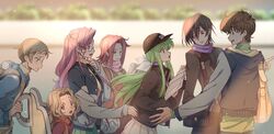  3boys 4girls :d alternate_costume breasts brown_hair c.c. check_commentary code_geass commentary_request creayus earrings euphemia_li_britannia glasses green_hair hat highres jewelry kouzuki_kallen kururugi_suzaku lelouch_vi_britannia long_hair multiple_boys multiple_girls nunnally_vi_britannia outdoors pink_hair rolo_lamperouge scarf smile unusually_open_eyes wheelchair 