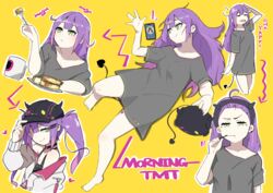  absurdres ahoge alternate_costume bibi_(tokoyami_towa) breakfast brushing_teeth cellphone demon_tail donkoni fake_horns female green_eyes hairband hat highres hololive horned_headwear horns long_hair lying messy_hair multicolored_hair multiple_views on_back ookami_mio phone purple_hair smartphone smile streaked_hair tail tokoyami_towa tokoyami_towa_(1st_costume) twintails virtual_youtuber yellow_background 