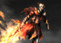  1other ambiguous_gender armor belt breastplate brown_belt burning burning_clothes capelet commentary_request dark_souls_(series) dark_souls_iii embers fire flaming_sword flaming_weapon full_armor gauntlets grey_background helmet holding holding_sword holding_weapon pauldrons plate_armor red_capelet shimoda_masaya shoulder_armor solo soul_of_cinder sword torn_clothes walking weapon 