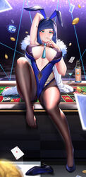  alcohol animal_ears arm_behind_head armpits black_hair black_pantyhose blackjack_table blue_footwear blue_hair blue_leotard bob_cut breasts breasts_apart card center_opening closed_mouth covered_nipples diagonal_bangs dice fake_animal_ears feather-trimmed_jacket female genshin_impact glass green_eyes high_heels highres jacket jacket_on_shoulders knee_up large_breasts leotard licking licking_finger mole mole_on_breast multicolored_hair neck_tassel pantyhose playboy_bunny rabbit_ears shoes short_hair single_shoe sitting sitting_on_table sky_wbo smile solo table toes tongue tongue_out two-tone_hair unworn_shoes white_jacket yelan_(genshin_impact) 