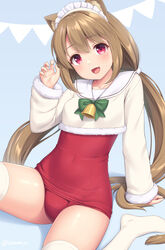  :d alternate_color_school_swimsuit animal_ears arm_support bell bow bowtie breasts brown_hair cat_ears cat_tail christmas claw_pose covered_navel crop_top female fur-trimmed_sleeves fur_trim green_bow green_bowtie highres long_hair long_sleeves looking_at_viewer low_twintails maid_headdress neck_bell no_shoes oerba_yun_fang old_school_swimsuit one-piece_swimsuit original pennant pink_eyes red_one-piece_swimsuit sailor_collar sasaame school_swimsuit signature skin_fang small_breasts smile solo swimsuit swimsuit_under_clothes tail thighhighs torte_(sasaame) twintails twitter_username very_long_hair white_sailor_collar white_thighhighs 