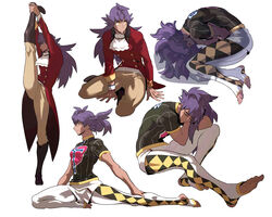  1boy absurdres ascot boots brown_footwear buttons champion_uniform commentary_request dark-skinned_male dark_skin dynamax_band facial_hair highres korean_commentary leg_up leon_(pokemon) long_hair male_focus multiple_views pants pantyhose pokemon pokemon_swsh print_leggings purple_hair redlhzz shield_print shirt short_shorts short_sleeves shorts split standing standing_on_one_leg standing_split stirrup_legwear sword_print tailcoat toeless_legwear toes white_ascot white_legwear white_pantyhose white_shorts yellow_eyes 