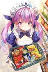  ahoge anchor_symbol basket blue_bow blue_bowtie blue_hair blue_nails blush bottle bow bowtie braid breasts cake calbee_(potato_chips) chips_(food) chocolate_cake closed_mouth colored_inner_hair commentary_request convenience_store cup_ramen drill_hair drink energy_drink female food from_above hair_ribbon hands_up highres holding hololive i_lohas jagariko kinoko_no_yama long_hair looking_at_viewer maid_headdress medium_breasts minato_aqua minato_aqua_(1st_costume) multicolored_hair nail_polish nissin_raoh partially_translated potato_chips product_placement purple_eyes purple_hair red_bull ribbon sailor_collar shelf shop shopping_basket short_sleeves side_braid smile snack solo sparkle summer_tail720 translation_request twin_drills twintails two-tone_hair virtual_youtuber water_bottle wrist_cuffs 