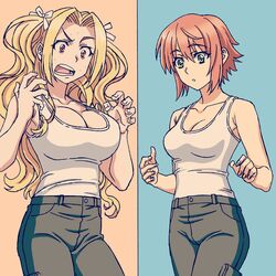  2girls anett_hosenfeld blonde_hair breasts cleavage commentary_request denim green_eyes hair_ornament hair_ribbon harasyu1 inghild_bronikowski jeans large_breasts long_hair multiple_girls muv-luv muv-luv_alternative open_mouth orange_hair pants ribbon schwarzesmarken short_hair twintails 