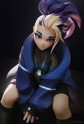  akali baggy_clothes black_eyeshadow blonde_hair blue_eyes commentary dog_tags english_commentary eyeshadow female fishnet_top fishnets forehead hair_pulled_back jacket k/da_(league_of_legends) kneehighs league_of_legends looking_at_viewer makeup multicolored_hair open_clothes open_jacket pink_hair ponytail purple_hair shorts sidelighting sitting sleeves_past_wrists socks solo the_baddest_akali thick_eyebrows zaphk 