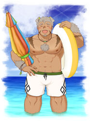  1boy ^_^ absurdres alternate_costume animal_ears bara body_fur chest_hair closed_eyes dark-skinned_male dark_skin dog_boy dog_ears facial_hair gin_no_hikari goatee gomeisa_(live_a_hero) green_eyes grey_hair hand_on_own_hip highres holding holding_swim_ring holding_umbrella innertube large_pectorals live_a_hero long_sideburns male_focus male_swimwear muscular muscular_male pectorals short_hair sideburns solo swim_briefs swim_ring tattoo topless_male tribal_tattoo umbrella water white_male_swimwear 