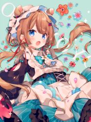  :o ana_(rznuscrf) animal_ears blue_bow blue_bowtie blue_eyes blush bow bowtie brown_hair commentary corset deer_ears eli_conifer eli_conifer_(1st_costume) female flower frills green_background green_skirt hair_ribbon headdress long_hair long_sleeves looking_at_viewer nijisanji open_mouth petals puffy_sleeves red_ribbon ribbon simple_background skirt solo twintails upper_body virtual_youtuber 