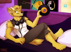  absurd_res anthro barefoot bed bedroom bottomwear brown_eyes cervine clothing deer dj_strap electronics feet fur furniture gothwolf headphones headphones_around_neck hi_res horn male mammal muntjac pants reclining shirt sleeveless_shirt solo topwear vinyl_record yellow_body yellow_fur 