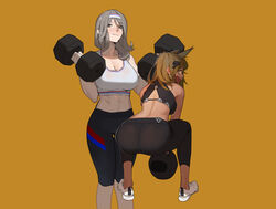  2girls abs animal_ears ass black_pants blush breasts closed_mouth cr-21_(girls&#039;_frontline) dumbbell exercising girls&#039;_frontline grey_hair hair_ornament hairband highres hong_doo k3_(girls&#039;_frontline) kettlebell korean_commentary large_breasts long_hair looking_at_viewer midriff multiple_girls open_mouth pants simple_background strong tank_top weightlifting white_footwear yellow_background yellow_eyes 