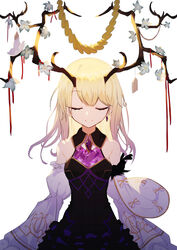  absurdres antlers bare_shoulders black_dress blonde_hair bow brooch bug butterfly closed_eyes closed_mouth commentary_request crystal detached_sleeves dress earrings ema facing_viewer female flower frills highres horns jewelry long_hair original photoshop_(medium) simple_background single_earring sleeveless sleeveless_dress smile solo string string_of_fate torry912 upper_body white_background white_bow 