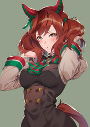  :o animal_ears black_dress blush bow bowtie breasts brown_eyes brown_hair buttons commentary double-breasted dress ear_covers embarrassed female green_bow green_bowtie highres holding holding_own_hair horse_ears horse_girl horse_tail impossible_clothes impossible_dress large_breasts medium_hair nice_nature_(umamusume) parted_lips pinafore_dress sleeveless sleeveless_dress solo sugarbeat swept_bangs symbol-only_commentary tail twintails umamusume upper_body 