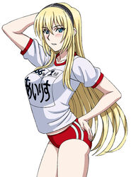  blonde_hair blue_eyes blush breasts buruma commentary_request female graphite_(medium) gym_uniform hair_ornament hairband harasyu1 highres irisdina_bernhard large_breasts long_hair muv-luv muv-luv_alternative photoshop_(medium) schwarzesmarken shirt t-shirt traditional_media 