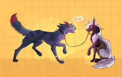  blue_body blue_fur blush brown_body brown_fur canid canine canis collar duo female feral fox fur holding_collar holding_object horn kelpy_(smar7) love male male/female mammal marc_(smar7) tail tail_motion tailwag vaitins white_body white_fur wolf 