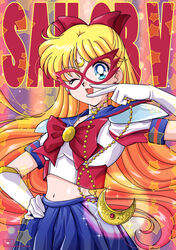  ;d absurdres aino_minako artist_name bishoujo_senshi_sailor_moon blonde_hair blue_eyes blue_sailor_collar blue_skirt bow brooch character_name choker codename_wa_sailor_v commentary_request cowboy_shot crescent crescent_choker crescent_compact_(sailor_moon) crescent_facial_mark domino_mask earrings elbow_gloves facial_mark female forehead_mark gloves hairbow hand_on_own_hip highres jewelry long_hair looking_at_viewer magical_girl mask midriff multicolored_background navel necklace one_eye_closed open_mouth photoshop_(medium) pleated_skirt red_bow riccardo_bacci sailor_collar sailor_senshi_uniform sailor_v shoulder_pads skirt smile solo star_(symbol) white_choker white_gloves 