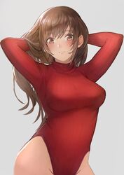  arms_behind_head arms_up bare_hips blush breasts brown_eyes brown_hair closed_mouth commentary_request female grey_background groin hands_in_hair head_tilt heattech_leotard highleg highleg_leotard highres large_breasts leotard long_hair long_sleeves looking_at_viewer meme_attire original otsukemono red_leotard red_sweater ribbed_leotard ribbed_sweater sidelocks simple_background solo standing sweater swept_bangs turtleneck turtleneck_sweater uniqlo upper_body 