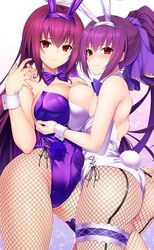  2girls animal_ears ass bare_shoulders blush bow bowtie breast_press breasts bridal_garter cleavage closed_mouth commentary_request cosplay detached_collar dual_persona emanon123 fate/grand_order fate_(series) fishnet_pantyhose fishnets flower grabbing grabbing_another&#039;s_breast gradient_background hair_ribbon hairband highleg highleg_leotard large_breasts leotard long_hair looking_at_viewer multiple_girls official_alternate_costume pantyhose parted_lips playboy_bunny ponytail purple_hair purple_leotard purple_ribbon rabbit_ears rabbit_tail red_eyes ribbon rose scathach_(fate) scathach_(fate)_(cosplay) scathach_(piercing_bunny)_(fate) scathach_skadi_(fate) self_cosplay smile tail thighs white_leotard wrist_cuffs 