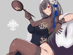  1006kbps absurdres alternate_breast_size azur_lane black_dress breasts brown_dress brown_thighhighs china_dress chinese_clothes cleavage commentary crossed_legs dress feather_boa female flower from_side grey_background grey_hair hair_flower hair_ornament hand_fan highres holding holding_fan iris_libre_(emblem) lace-trimmed_legwear lace_trim large_breasts long_hair looking_at_viewer looking_to_the_side mole mole_under_eye official_alternate_costume pelvic_curtain red_eyes saint-louis_(alluring_administrator)_(azur_lane) saint-louis_(azur_lane) see-through see-through_cleavage see-through_dress see-through_legwear sheer_gloves side_slit simple_background sitting solo thighhighs two-tone_dress white_flower 