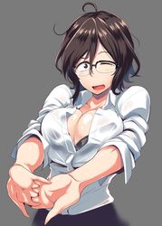  ahoge black-framed_eyewear black_bra black_eyes black_hair bra bra_visible_through_clothes breasts cleavage dagashi_kashi dress_shirt female glasses large_breasts looking_at_viewer medium_hair messy_hair muneshiro_(hitsuji_kikaku) one_eye_closed open_mouth over-rim_eyewear owari_hajime pencil_skirt semi-rimless_eyewear shirt skirt sleeves_rolled_up solo stretching underwear upper_body white_shirt 