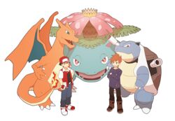  2boys baseball_cap black_pants blastoise blue_oak boot_straps boots brown_footwear charizard closed_mouth commentary_request crossed_arms flame-tipped_tail hat holding holding_poke_ball jacket jaho jewelry long_shirt long_sleeves male_focus multiple_boys necklace pants pants_tucked_in poke_ball poke_ball_(basic) pokemon pokemon_(creature) pokemon_rgby purple_shirt red_(pokemon) red_headwear shirt shoes short_hair short_sleeves smile spiked_hair standing transparent_background venusaur 